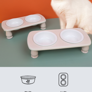 Custom Pet Bowl Set Wooden Ceramic Double Bowl with Stand - Elevated Cat Feeder & Water Bowl for Neck Protection (Customizable)